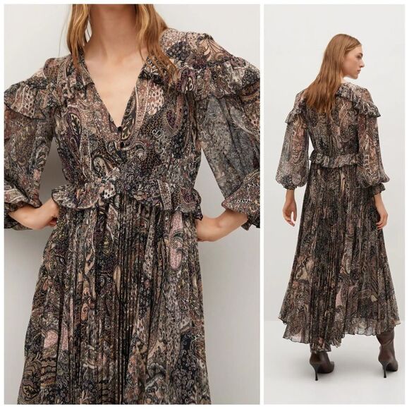 Mango Paisley Pleated Dress New - Picture 4 of 14